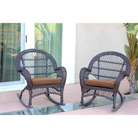 JECO W00208-R-2-FS007-CS Espresso Wicker Rocker Chair with Brown Cushion W00208-R_2-FS007-CS